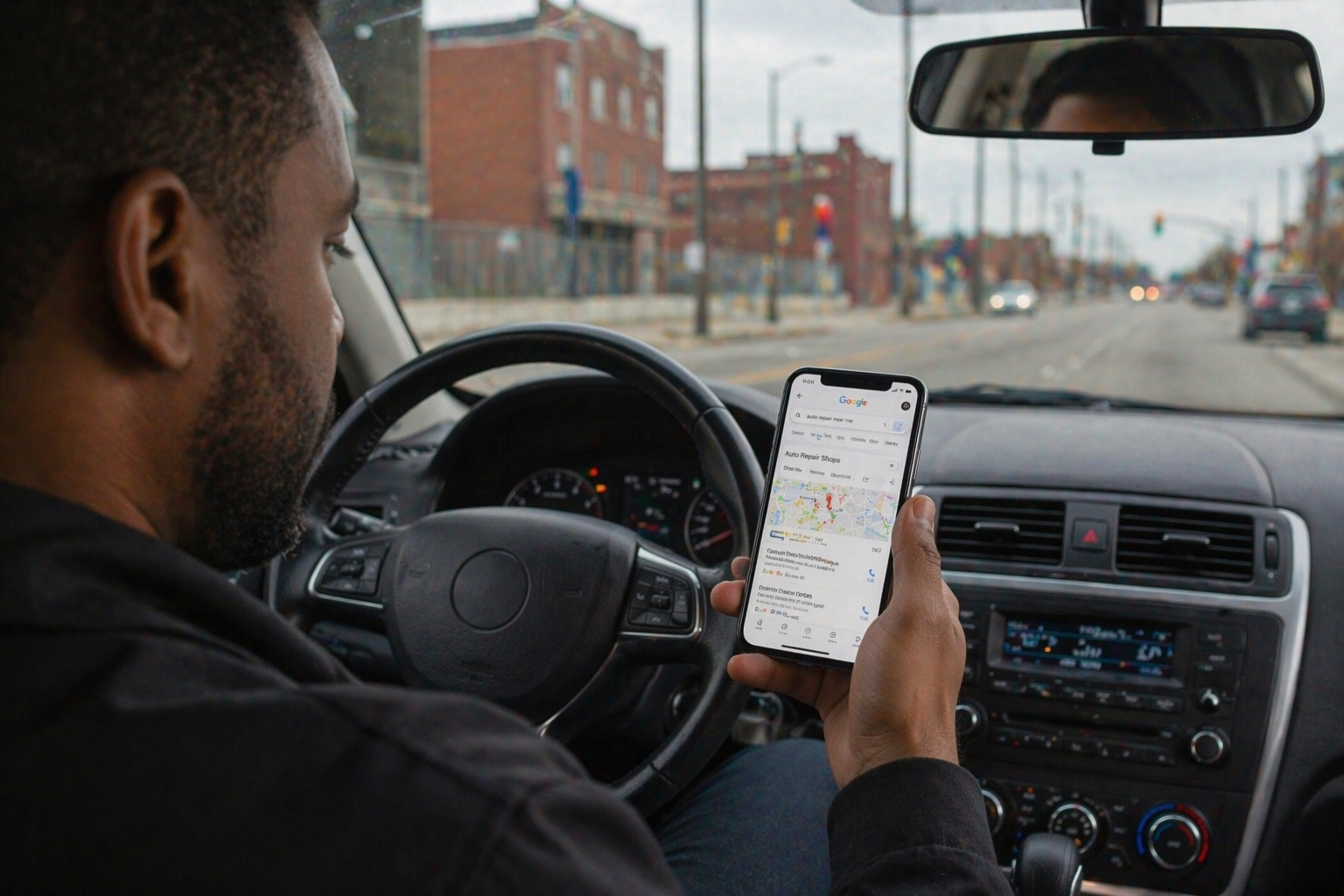 Person searching for auto repair near me on their phone while sitting in a car in Detroit