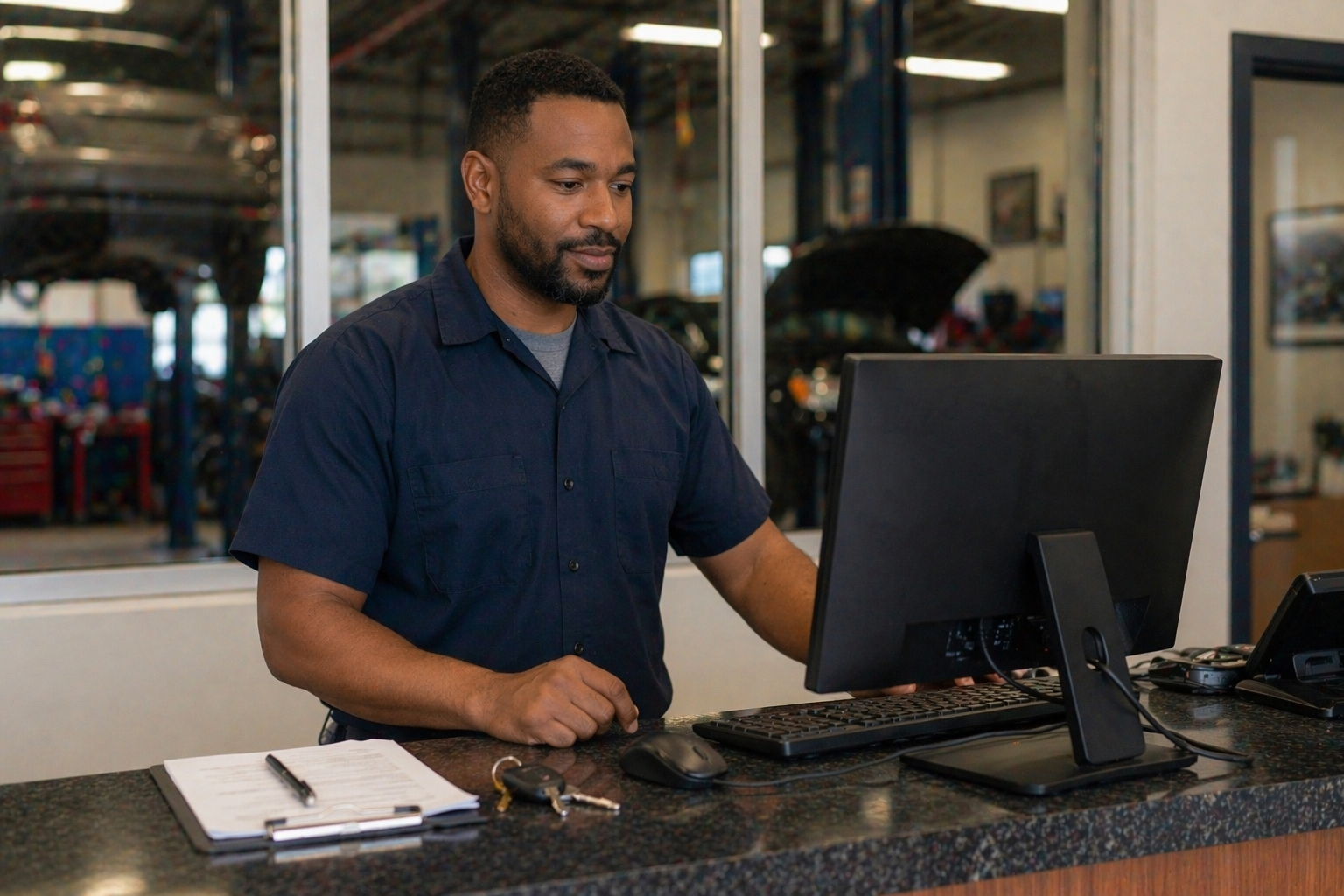 Auto mechanic at service desk with Google Business Profile showing five-star reviews on monitor