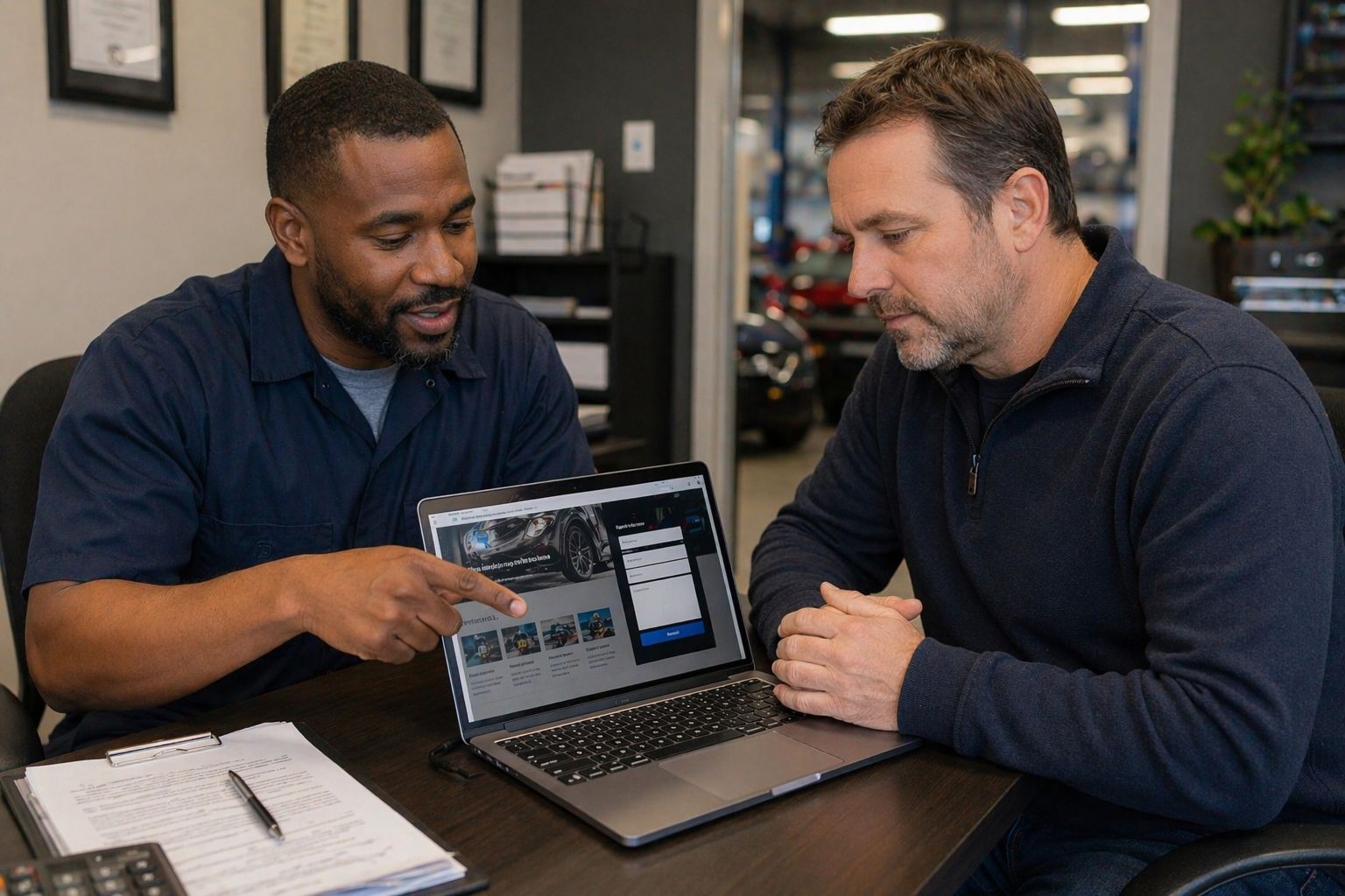 Auto mechanic and customer reviewing shop website together on laptop in service office