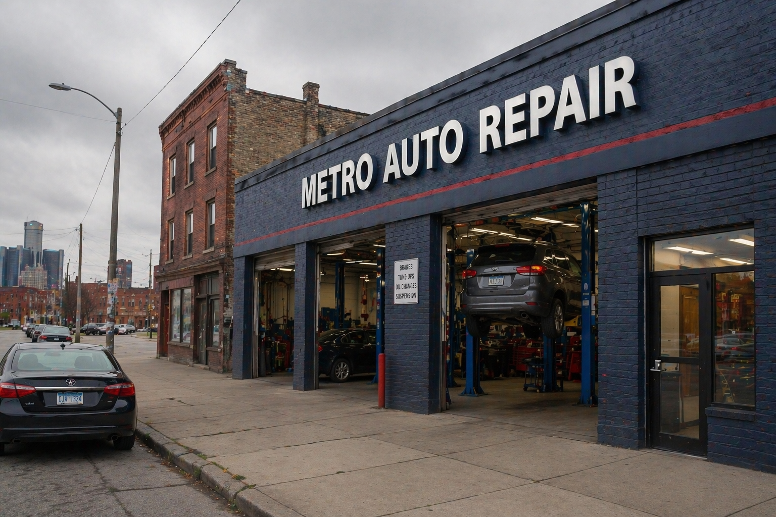 Exterior of an independent auto repair shop on a Detroit city street with bay doors open