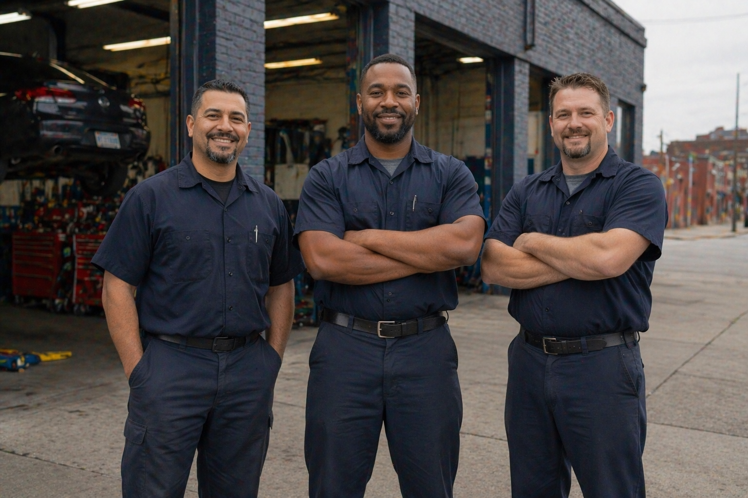 Mechanic team standing in front of their Detroit auto repair shop bay doors