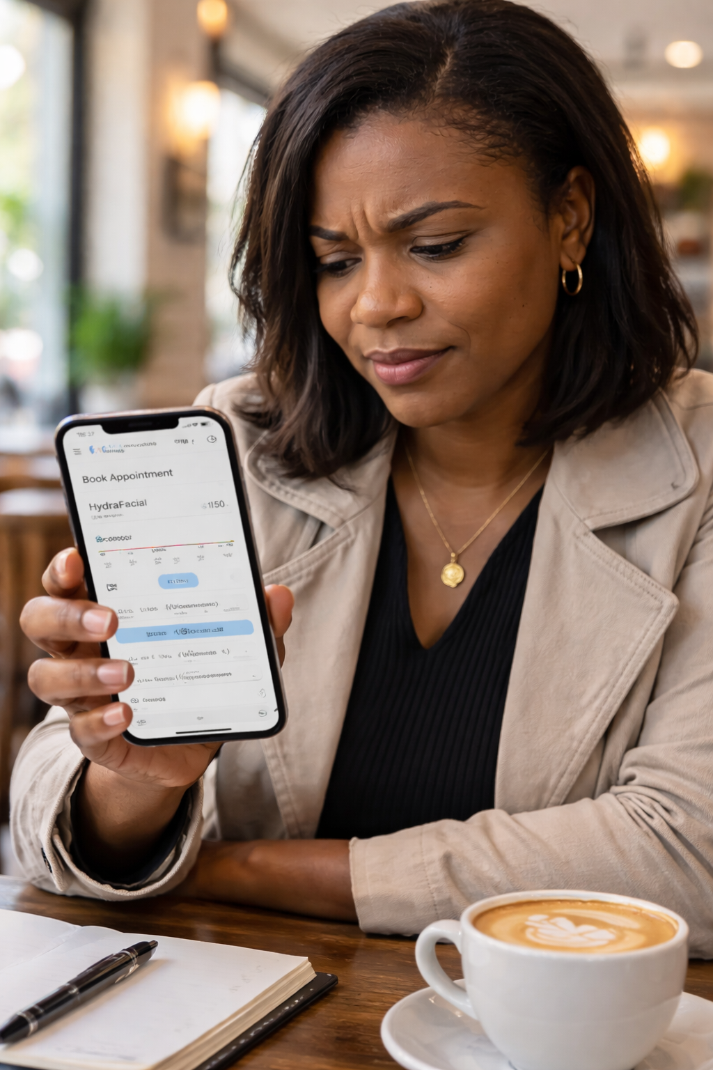 Woman attempting to book a med spa appointment on her smartphone, showing frustration at a friction-heavy mobile booking flow