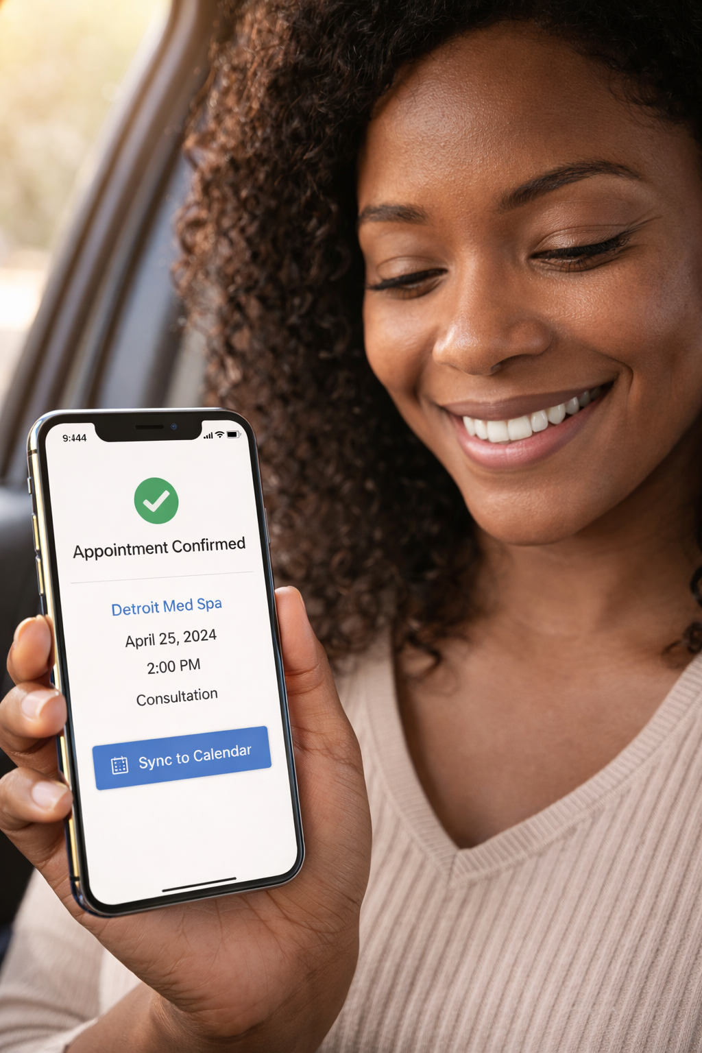 Woman smiling at her phone showing a confirmed Detroit med spa booking with a calendar sync prompt