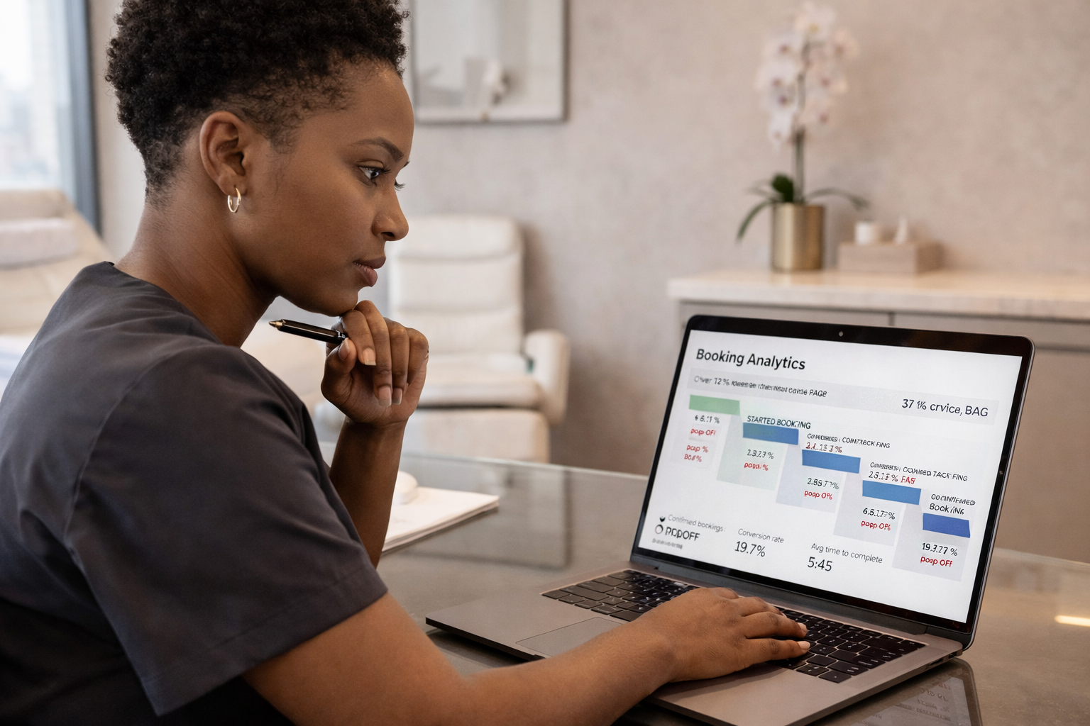 Detroit med spa owner reviewing online booking analytics on desktop computer, noting abandoned bookings