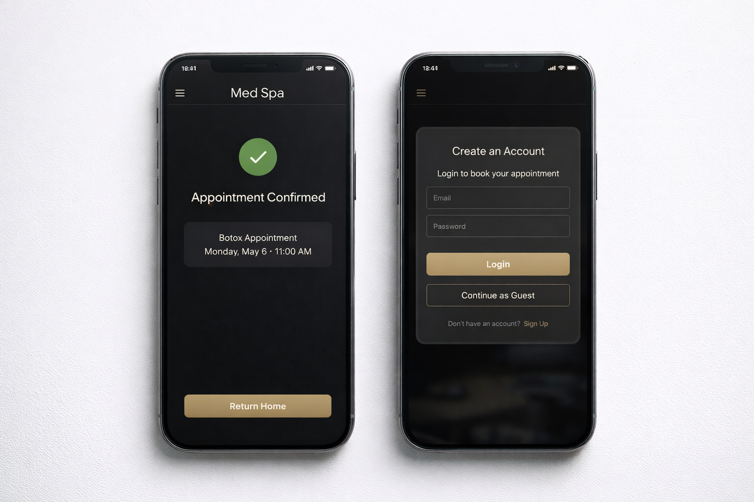 Side-by-side comparison of a smooth mobile med spa booking flow versus one with friction causing drop-off