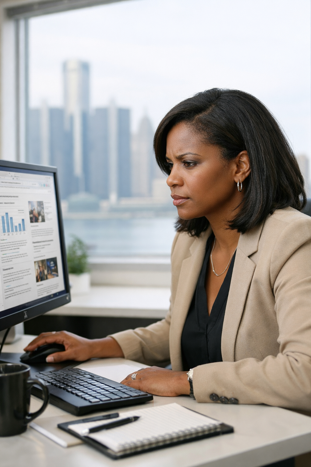 Professional reviewing a med spa service page for FTC advertising compliance on a desktop monitor, Detroit skyline in background