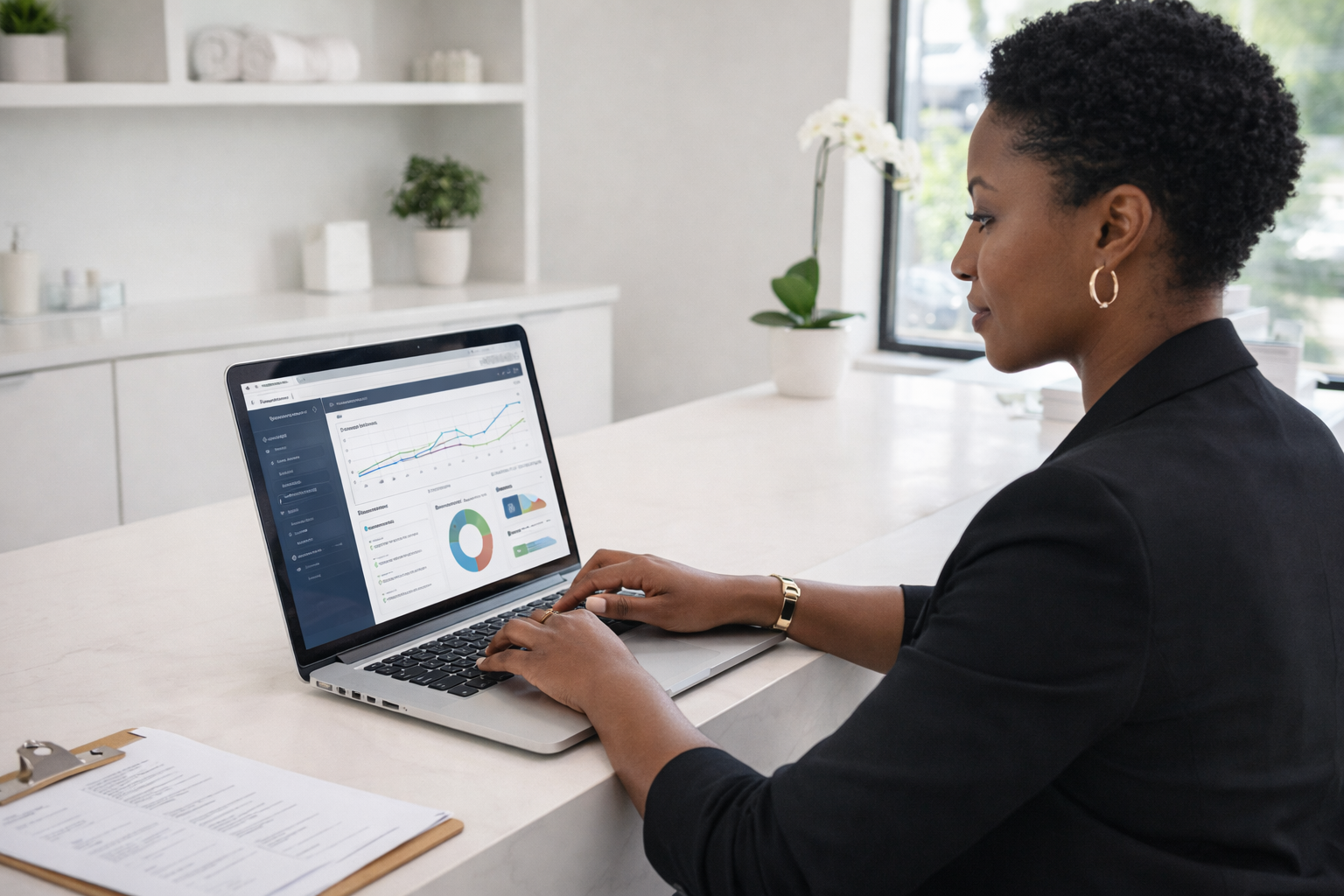 Detroit med spa owner working on a laptop showing her Google Business Profile dashboard at the front desk of her practice