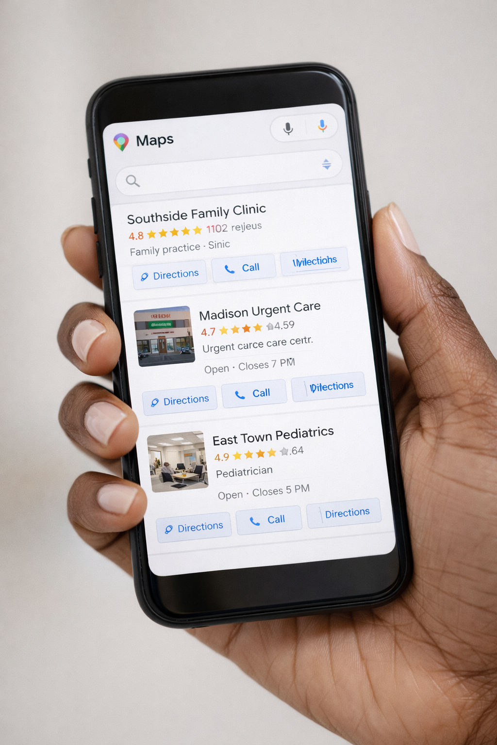 Smartphone screen showing a Google Maps 3-Pack result for 'med spa detroit' with three listing tiles displaying star ratings and review counts