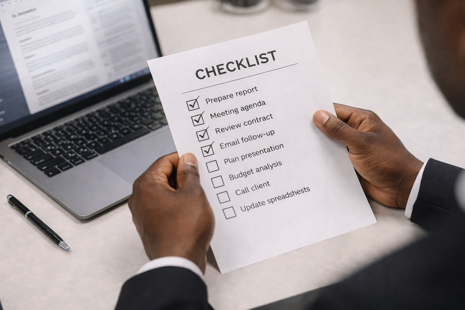 Black man's hands holding a printed Local SEO Checklist at a modern desk with a laptop beside him, professional office environment