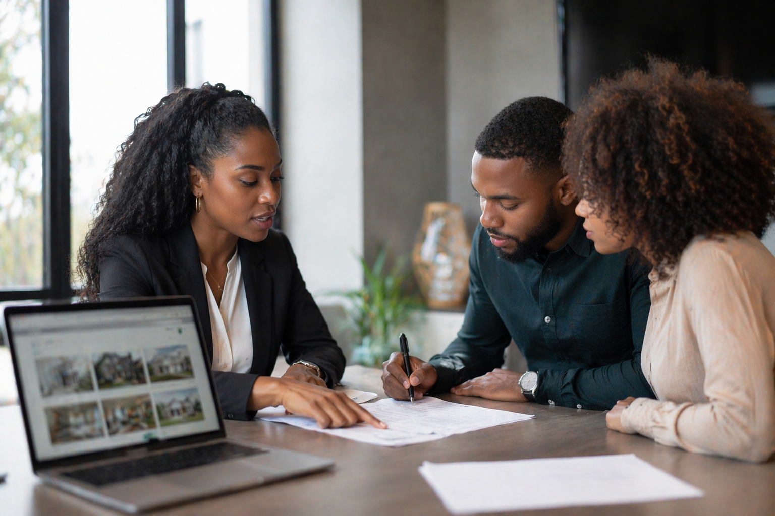 Real estate agent and client reviewing and signing home purchase documents at a professional office table