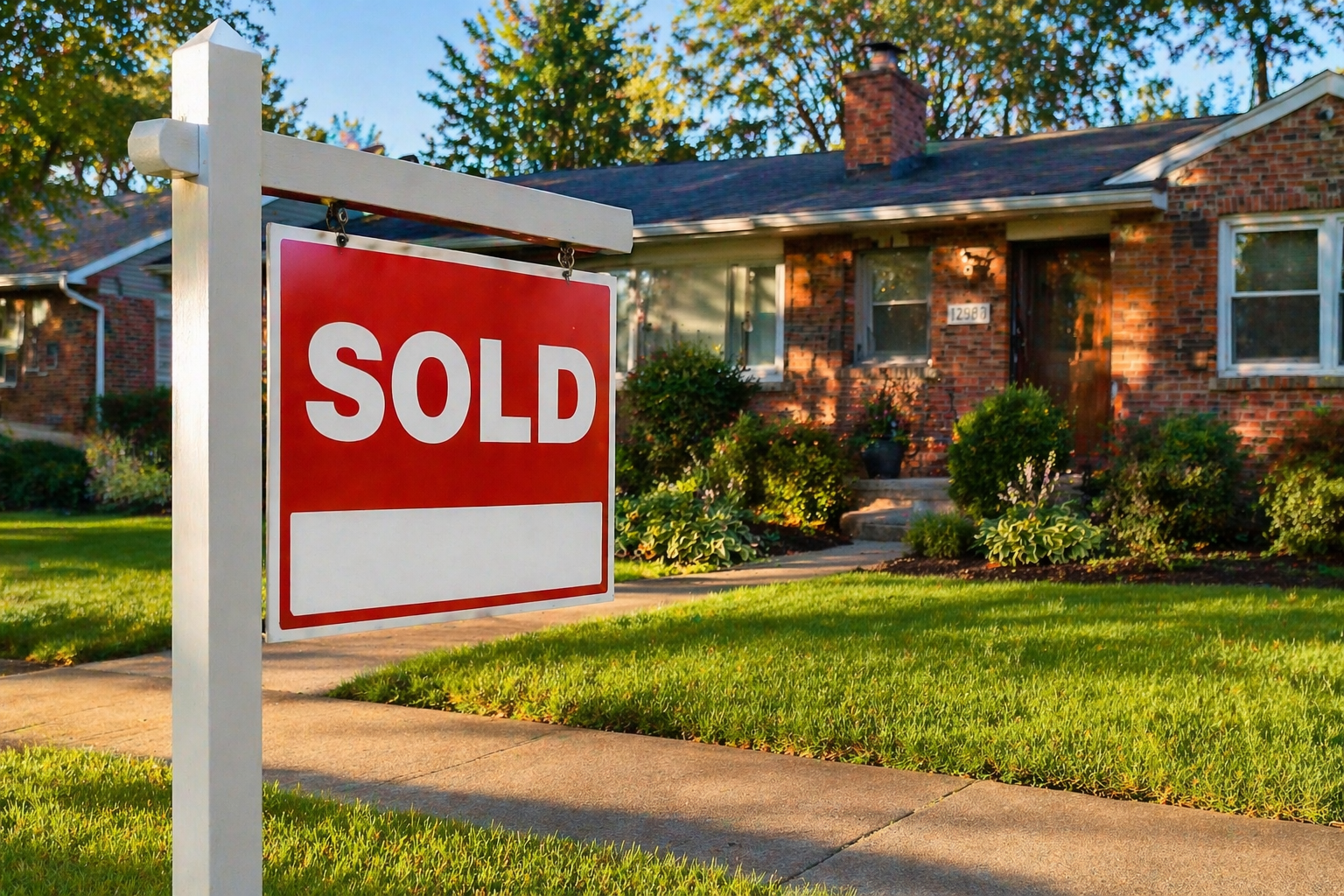 SOLD real estate yard sign in front of a well-maintained brick ranch home in a Detroit suburb