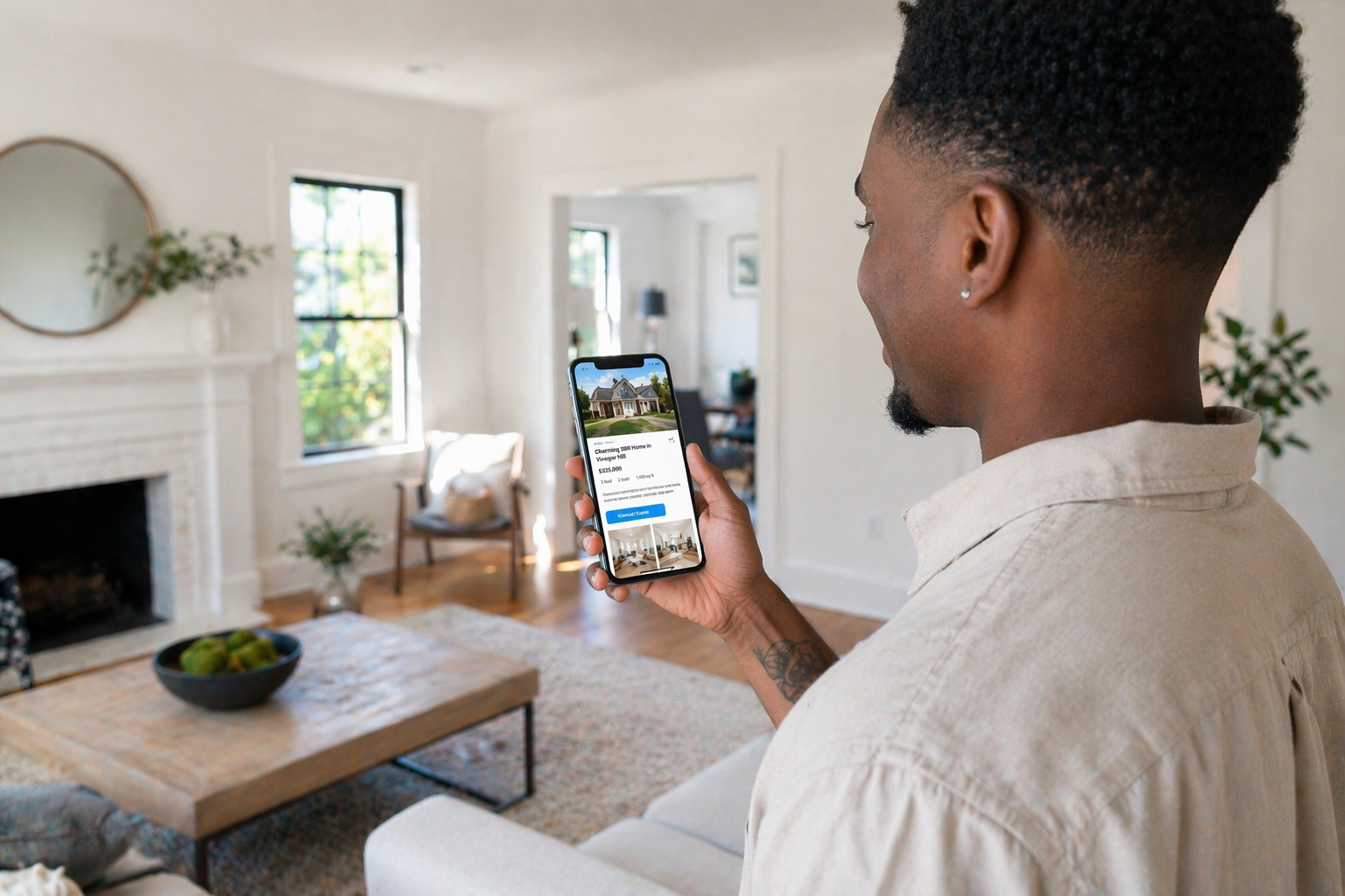 Young buyer browsing a real estate property listing on a smartphone while touring a bright modern home