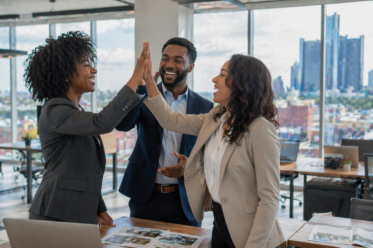 Diverse real estate team celebrating a deal closing in a modern bright office with Detroit skyline in background
