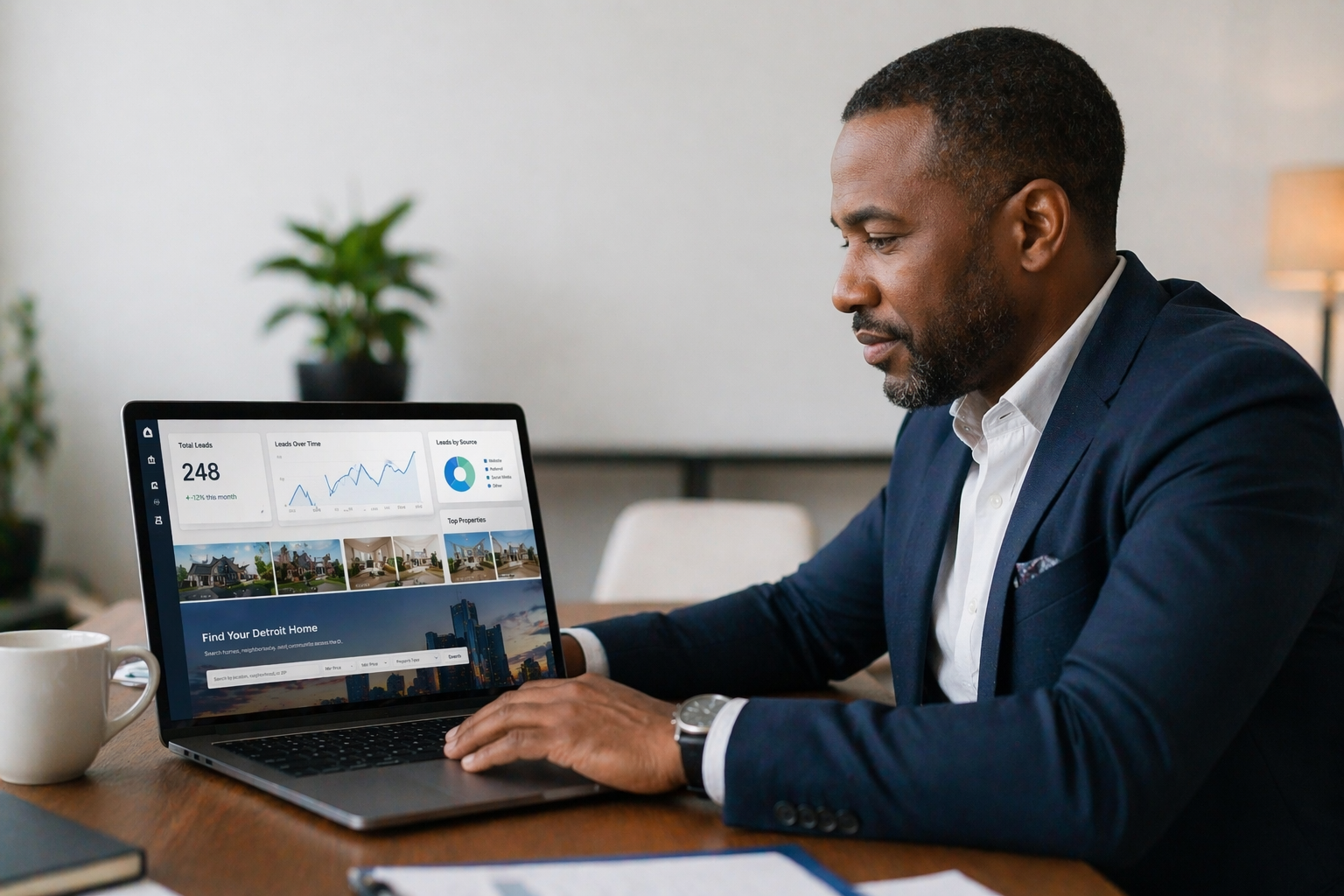 Real estate agent reviewing website analytics and lead dashboard on a laptop at a modern desk