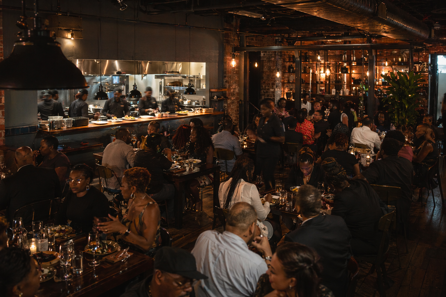 Busy Detroit restaurant dining room at dinner service with full tables and kitchen visible through pass-through window