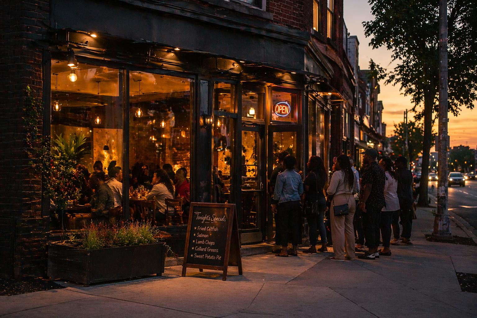 Detroit restaurant exterior at dusk with warm lighting in windows and an open sign visible from the street