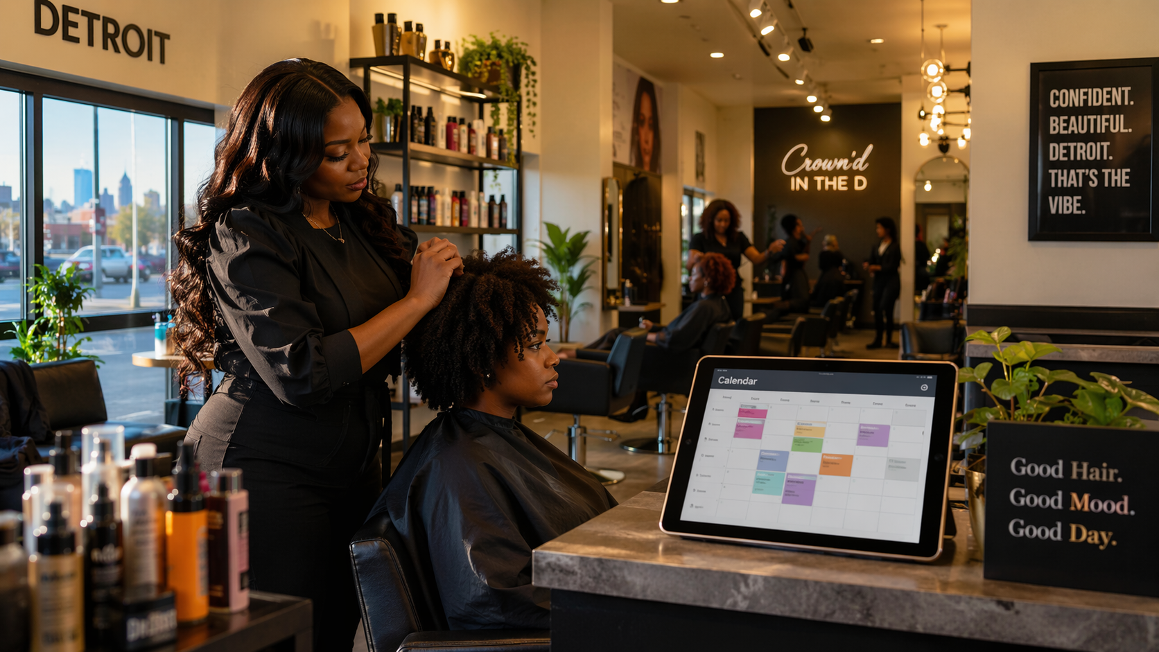Smartphone screen showing a Detroit salon’s Google Business Profile with 4.9-star rating, salon photos, and a Book button
