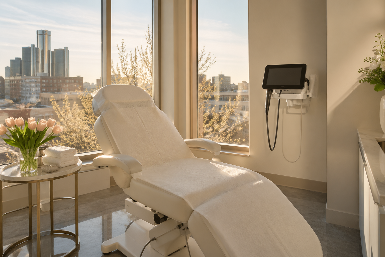 Bright Detroit med spa treatment room interior with golden afternoon light, fresh tulips on counter, no people, ready for a spring appointment