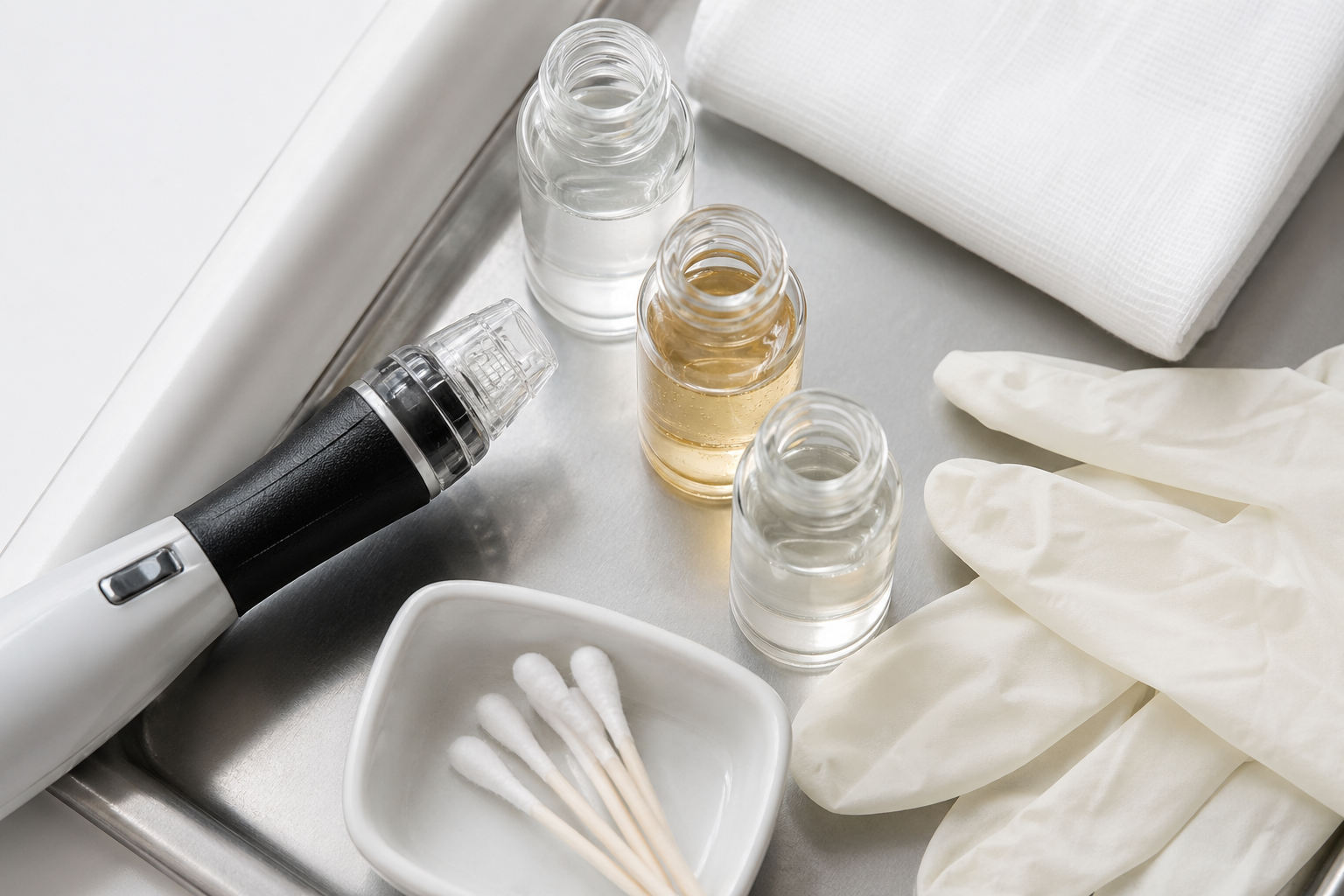Close-up of HydraFacial machine tip and serum vials staged on a sterile clinical tray, no labels or branding visible