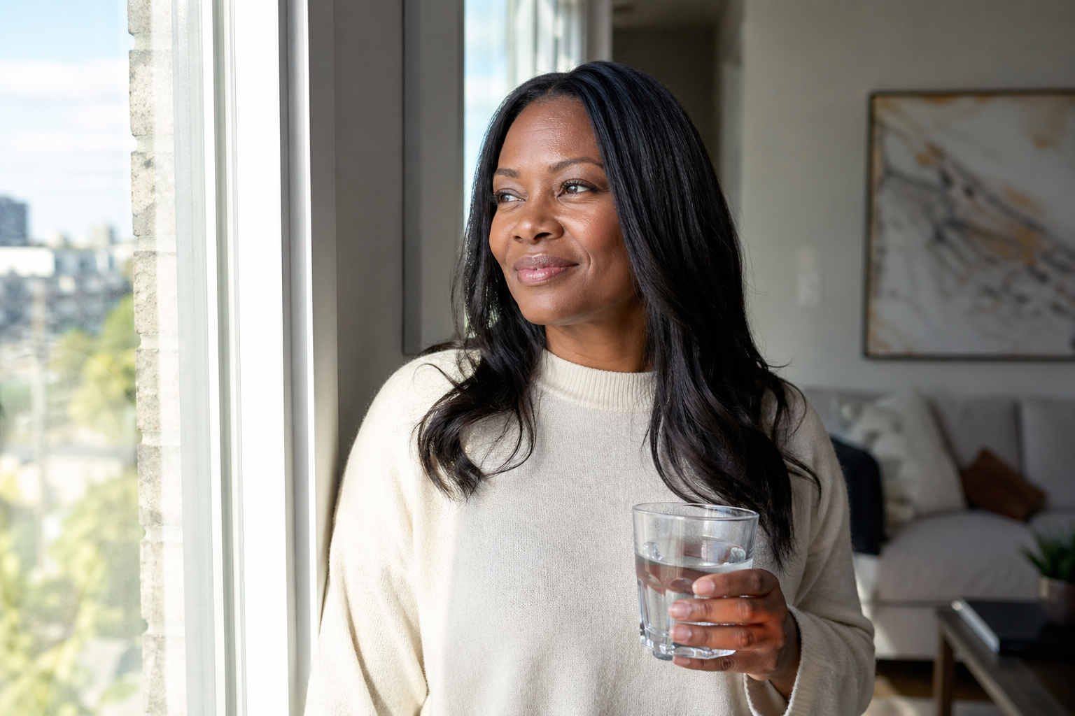 Black woman in her late 30s smiling in soft natural daylight at a Detroit window after spring treatment series, calm refreshed appearance