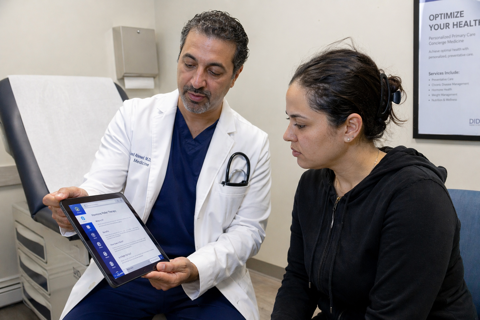 Physician reviewing patient information on a tablet in a Detroit consultation room