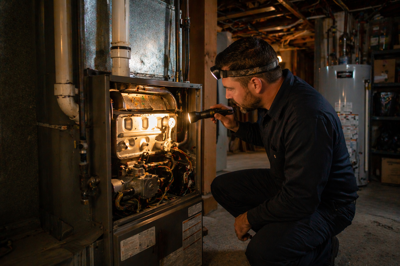 HVAC technician inspecting a residential furnace system during a service call