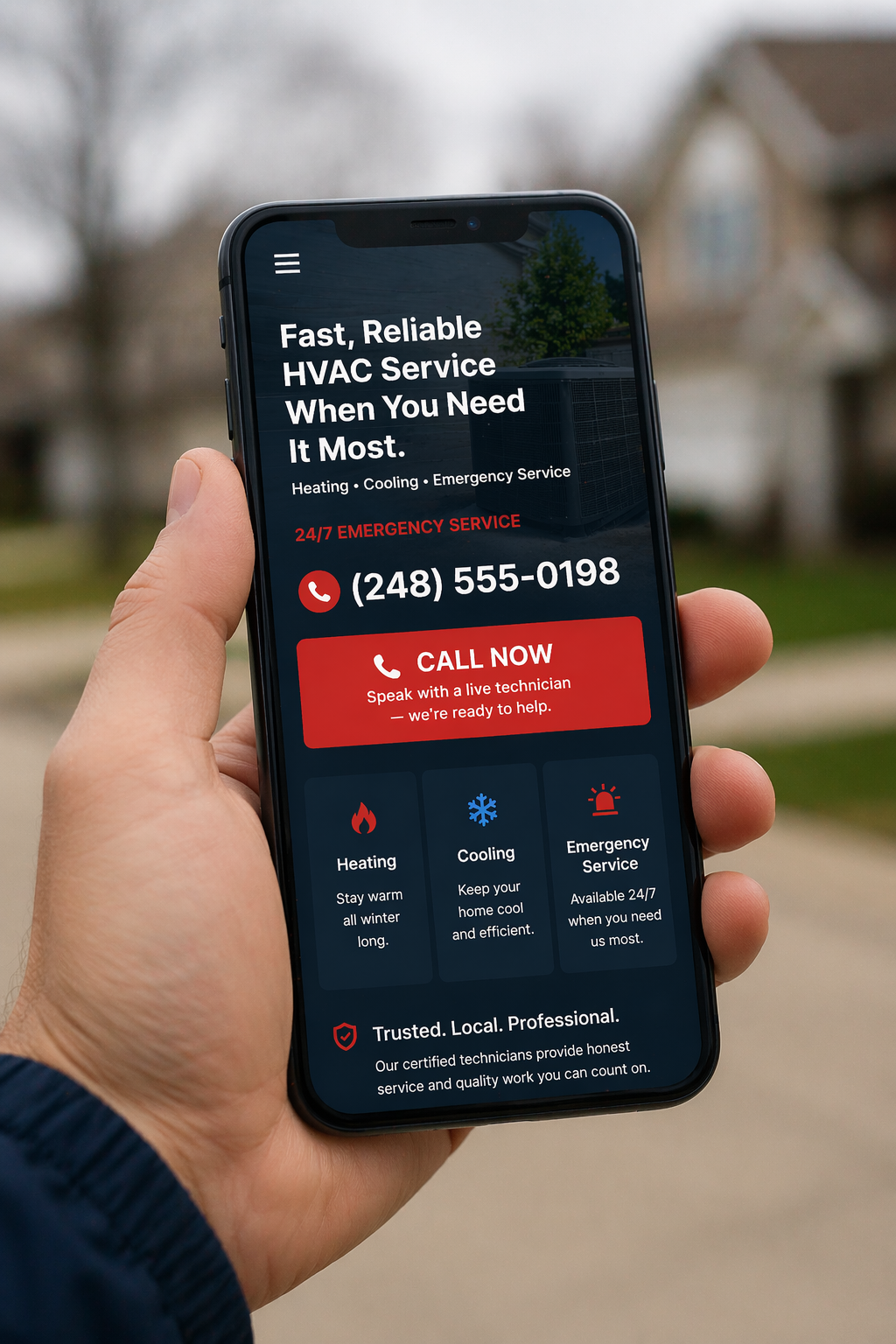 Smartphone showing a fast-loading HVAC company website with click-to-call button