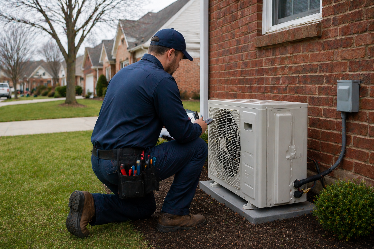 HVAC technician working on an outdoor air conditioning unit in a Detroit residential neighborhood