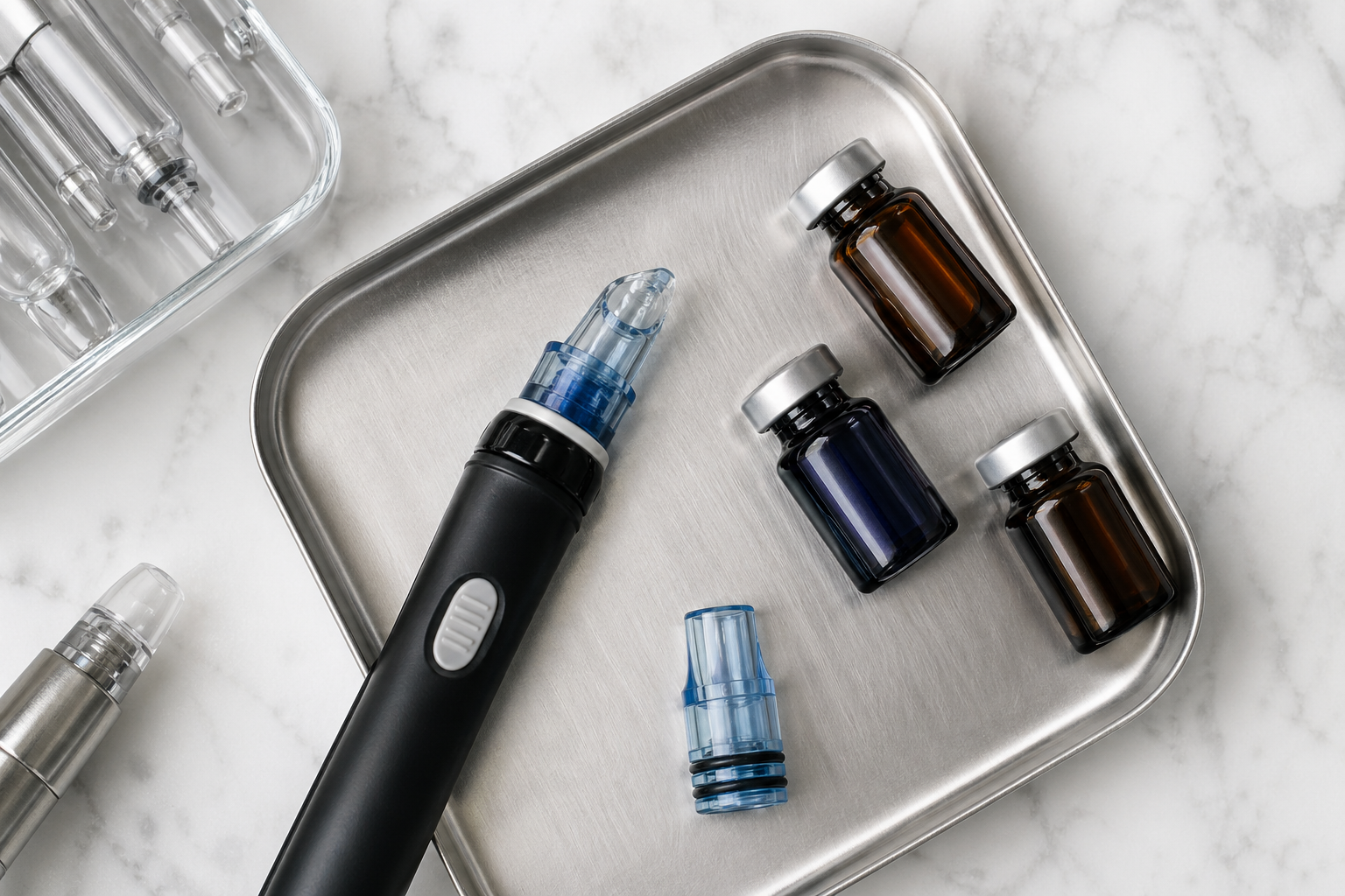 Close-up overhead view of a HydraFacial vortex wand tip resting on a clean clinical tray alongside labeled serum vials at a med spa treatment station