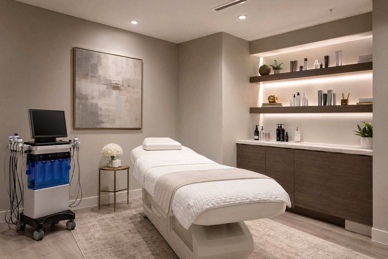 Wide establishing shot of an empty Detroit-area med spa treatment room with a cushioned table, clean white linens, soft overhead lighting, and a HydraFacial machine on a cart — no person in frame