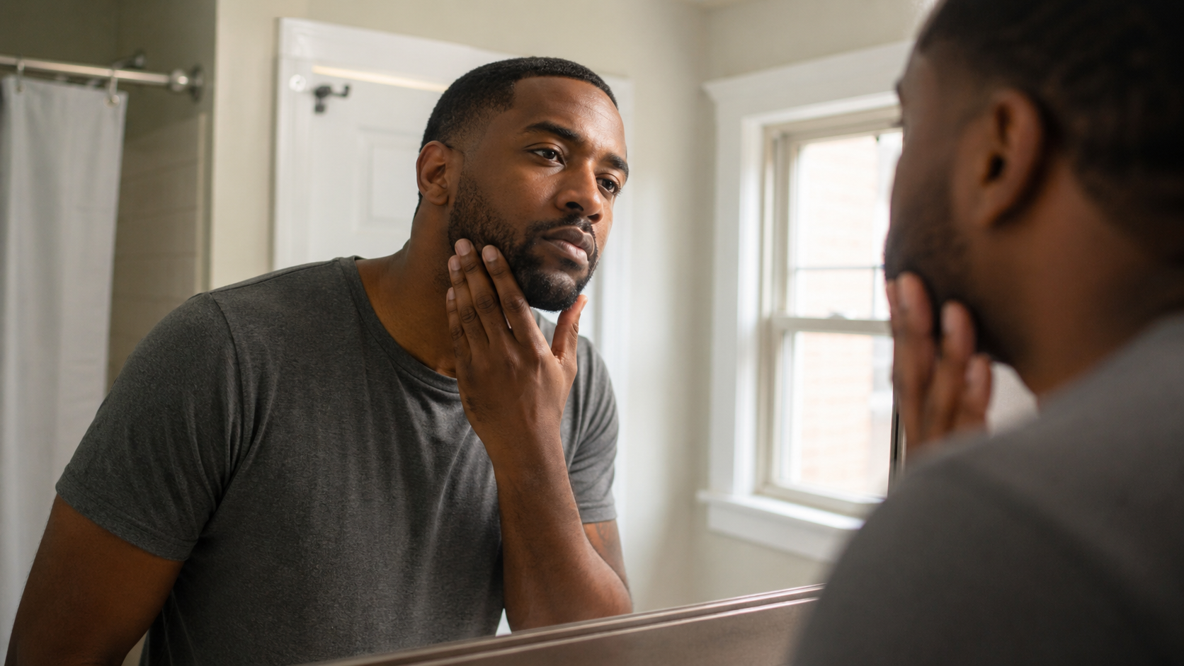 Black woman in her mid-30s standing at a bathroom mirror in a Detroit home, gently examining her skin in natural morning light, wearing a casual top, thoughtful expression as she considers a facial treatment