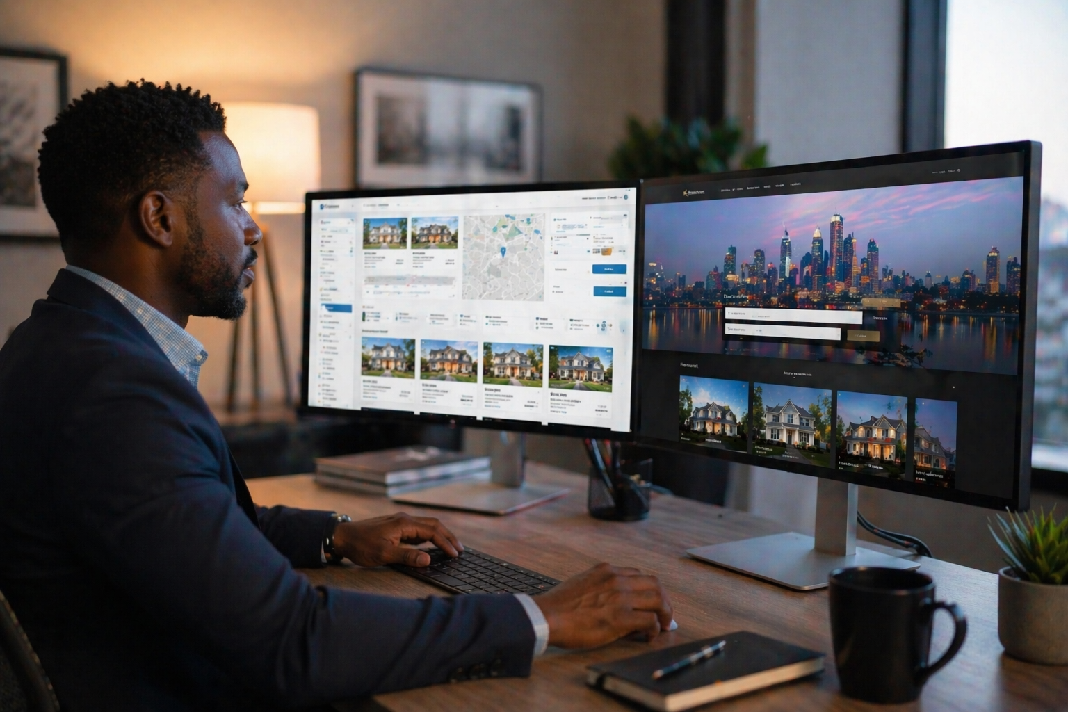 Side-by-side comparison of a generic IDX real estate website and a custom-built real estate website on two monitors