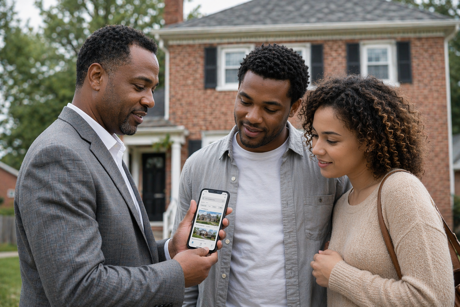 Real estate agent showing property listings to a couple on a mobile phone outside a brick home in suburban Detroit
