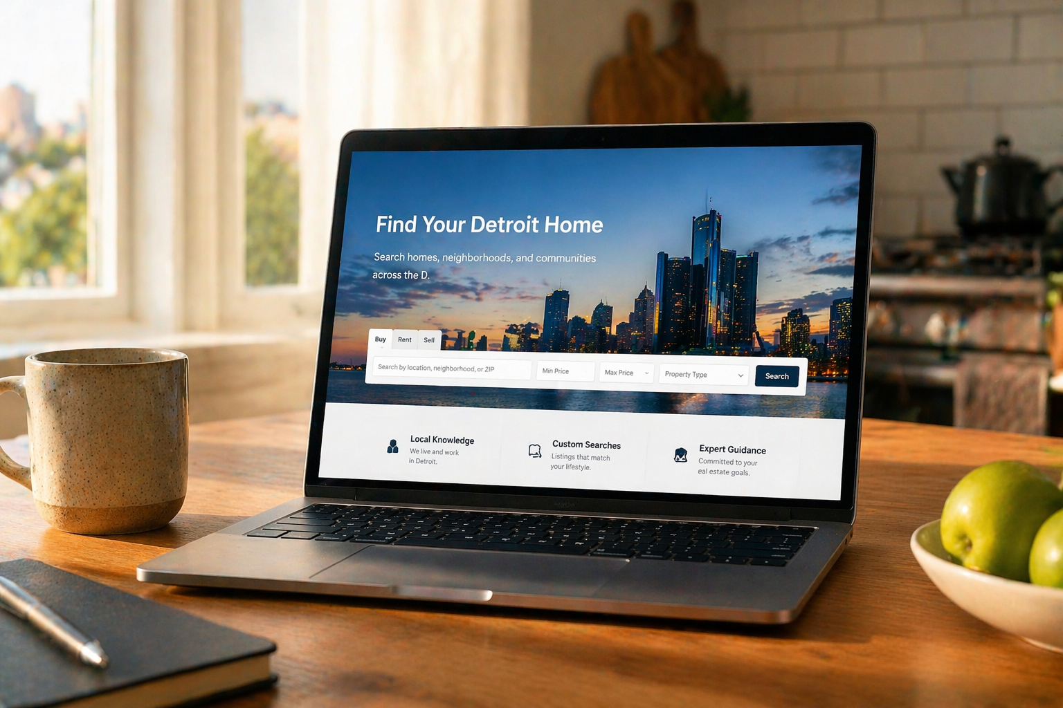 Custom real estate website displayed on a laptop showing a Detroit skyline hero section with modern property search interface