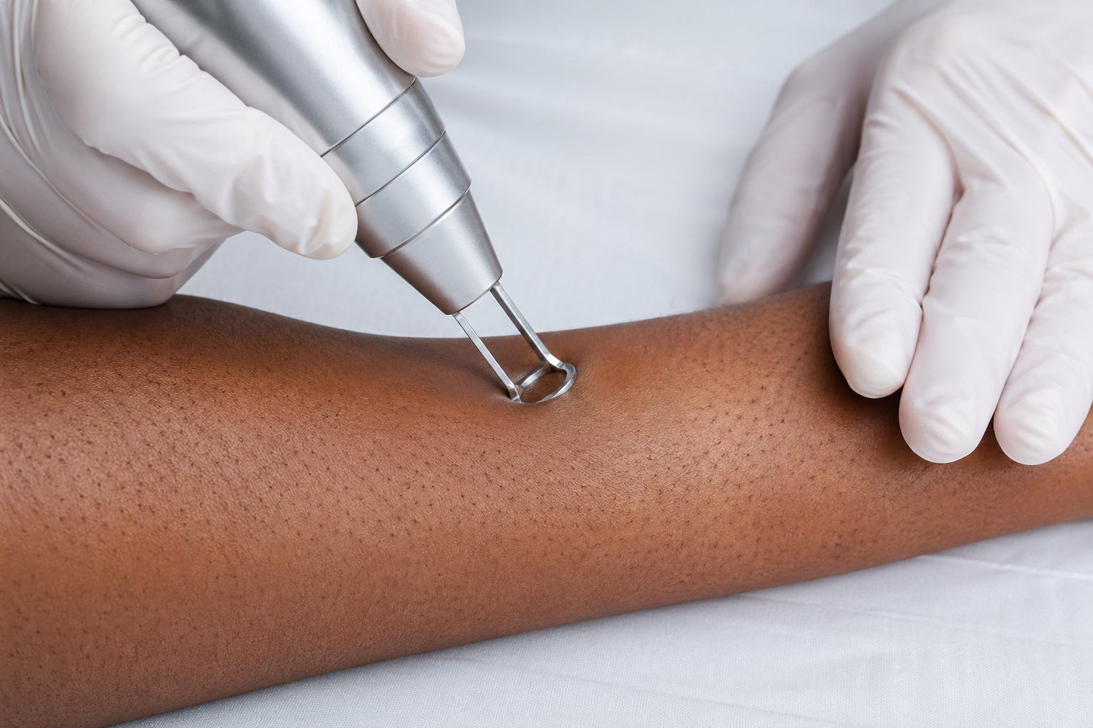 Close-up of gloved medical provider's hands holding an Nd:YAG laser handpiece against darker skin during a laser hair removal session