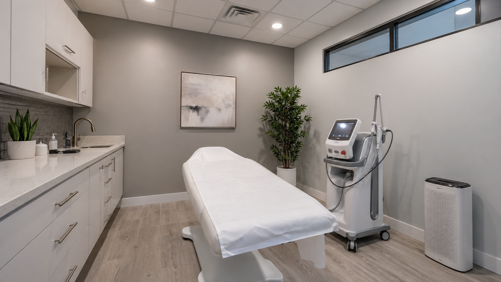 Modern laser hair removal treatment room at a Metro Detroit med spa, clinical equipment visible, no person present