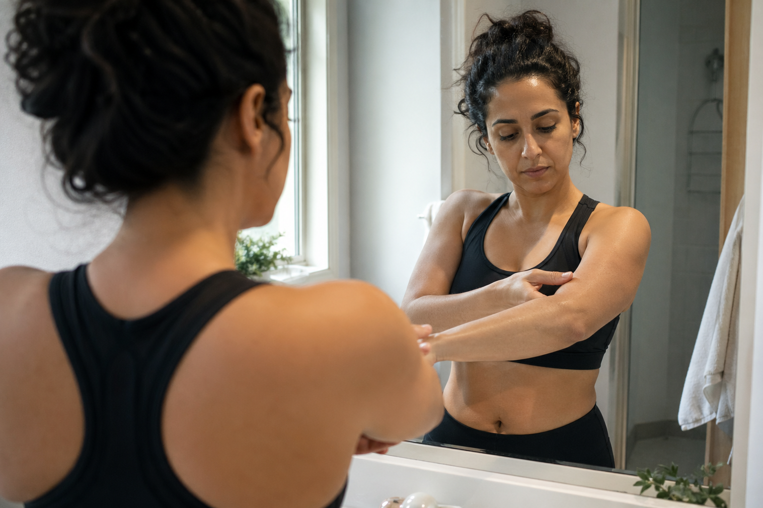Arab-American woman in her late 30s standing at a bathroom mirror at home, examining her forearm and considering laser hair removal treatment