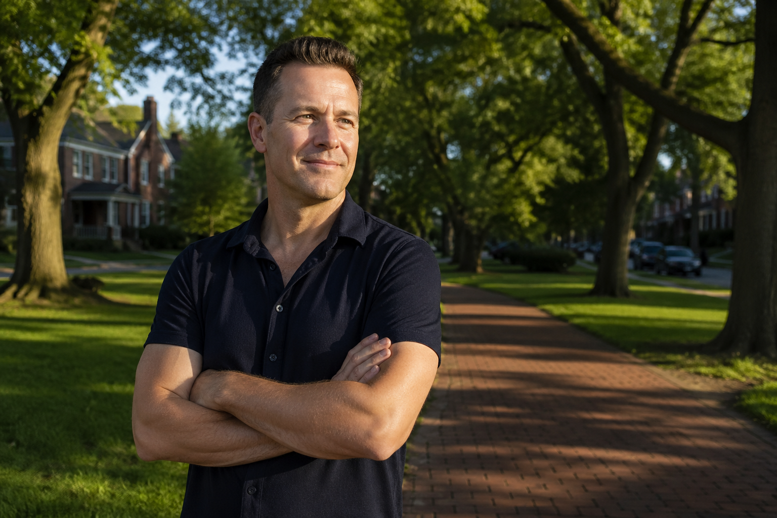 Confident white man in his early 40s at a Metro Detroit park in summer, wearing a short-sleeve shirt, smooth forearms and relaxed casual posture