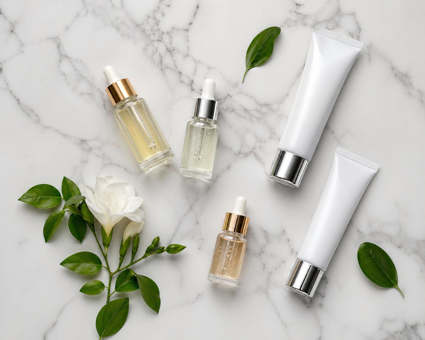 Luxury med spa skincare serums and glass ampoules arranged in an elegant flat-lay on white marble