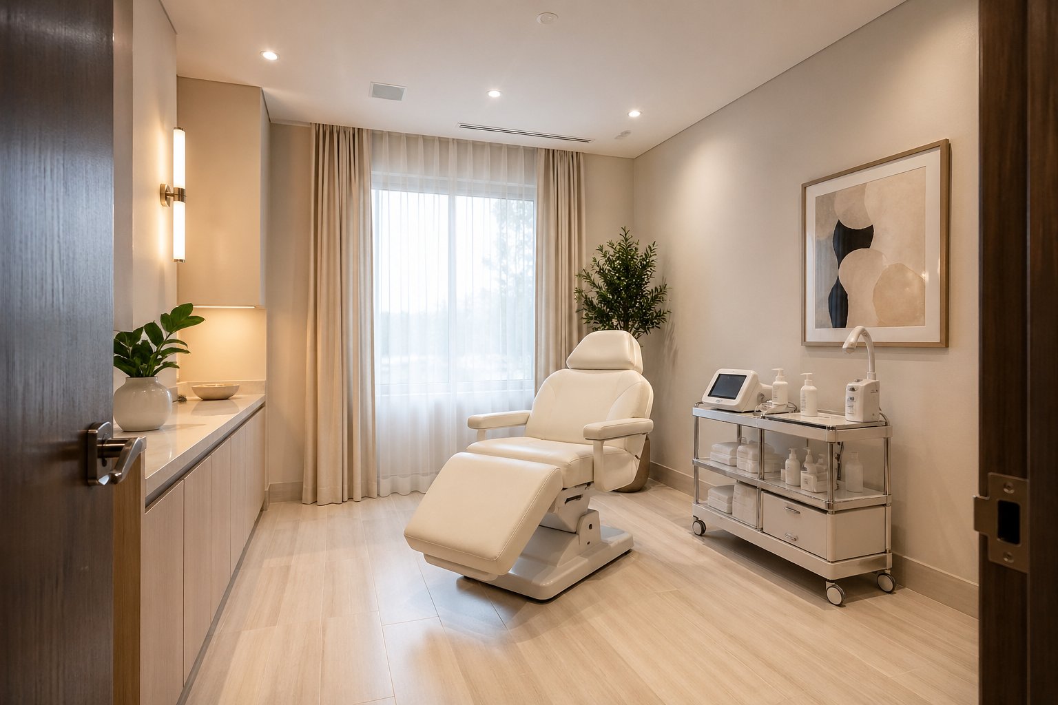 Modern med spa treatment room with a reclined treatment chair, soft ambient lighting, and clean professional equipment — empty, architectural view