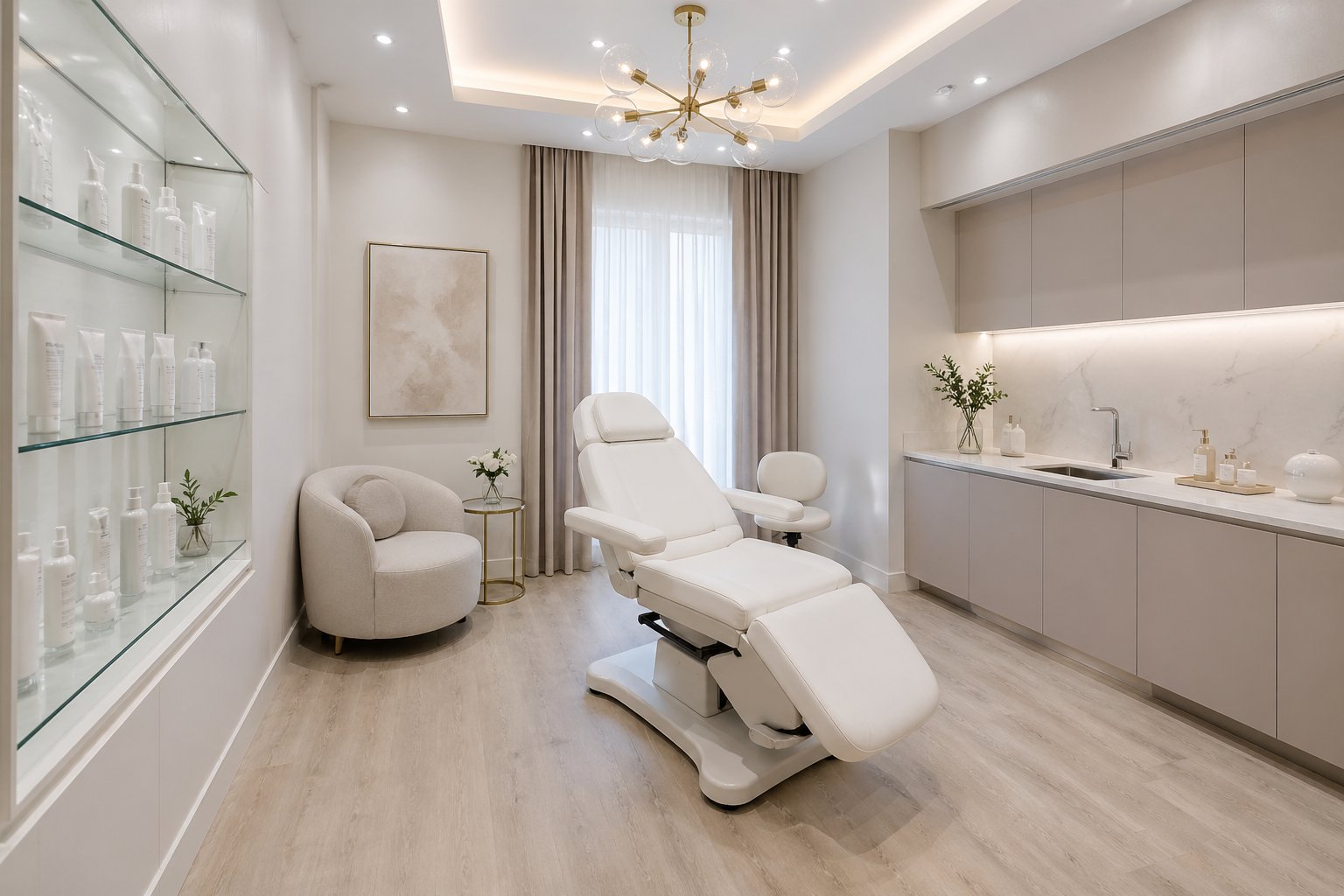 Modern med spa treatment room interior — clean white space, treatment chair, soft lighting, no staff present