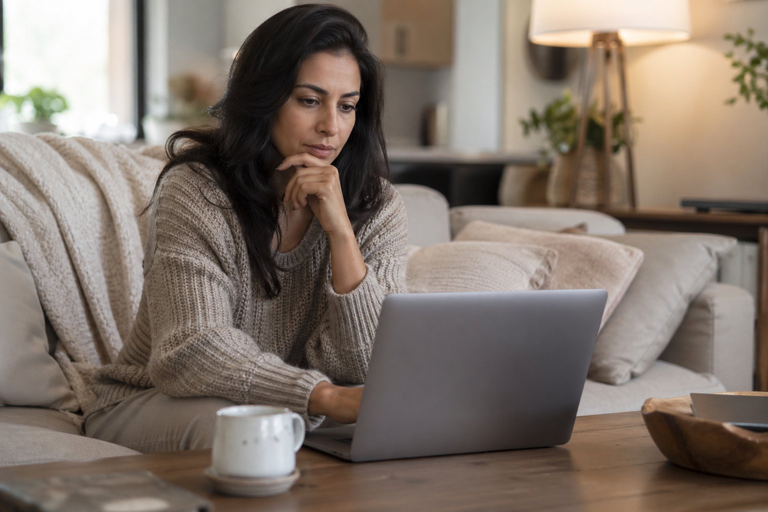 Woman in her late 30s sitting at home researching med spas on a laptop, thoughtful expression, warm interior
