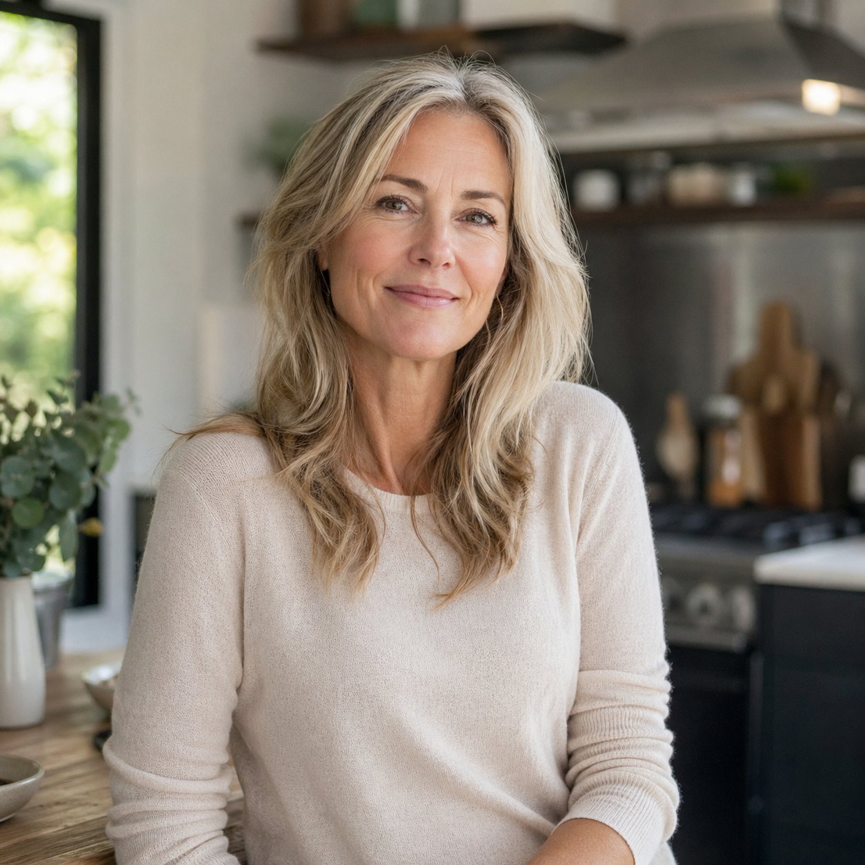 Confident woman in her mid-50s in a bright kitchen — the kind of natural, refreshed result a well-converting med spa website delivers