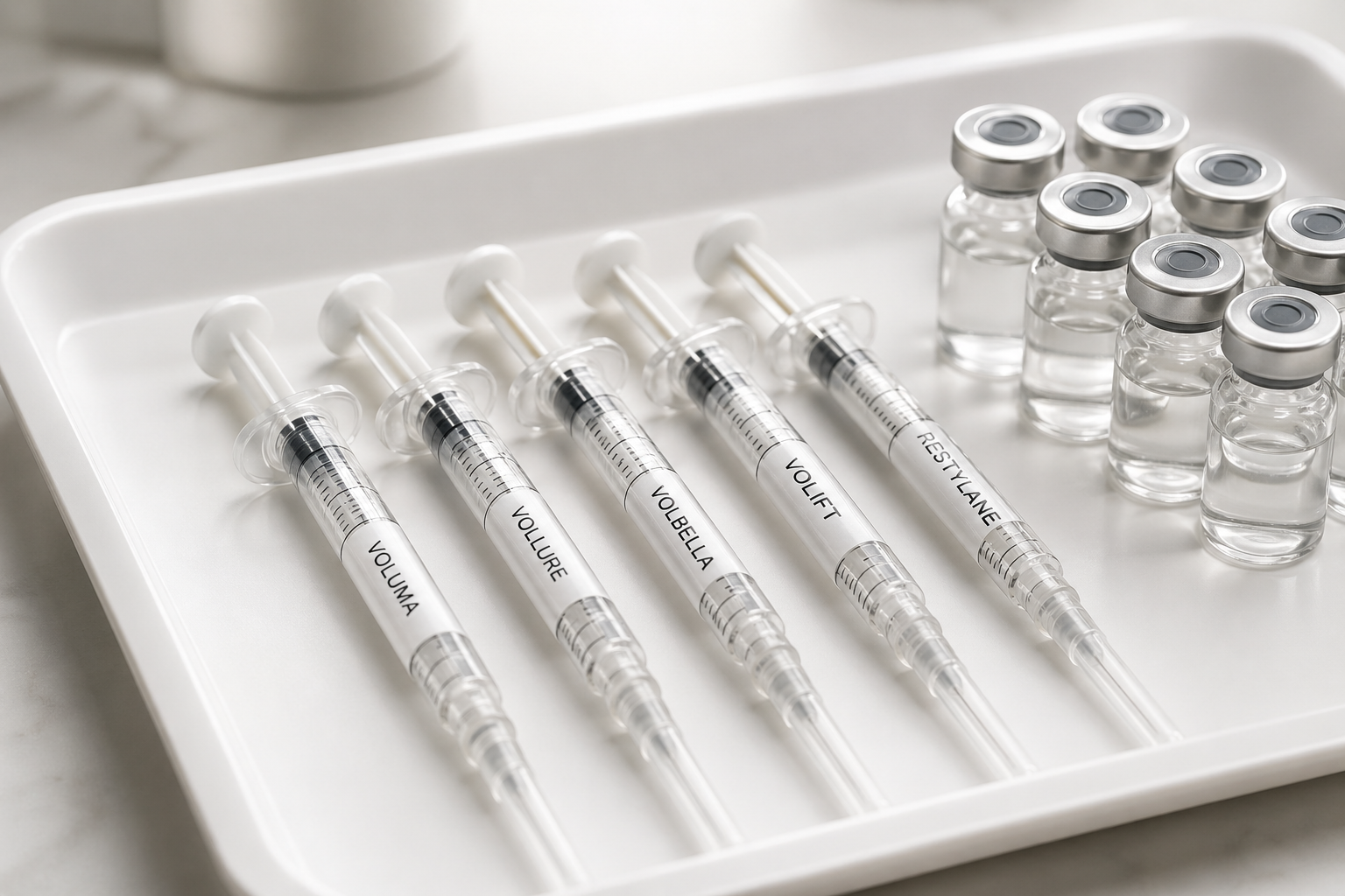 Row of labeled dermal filler syringes and Botox vials arranged on a clean clinical tray at a modern Detroit-area med spa