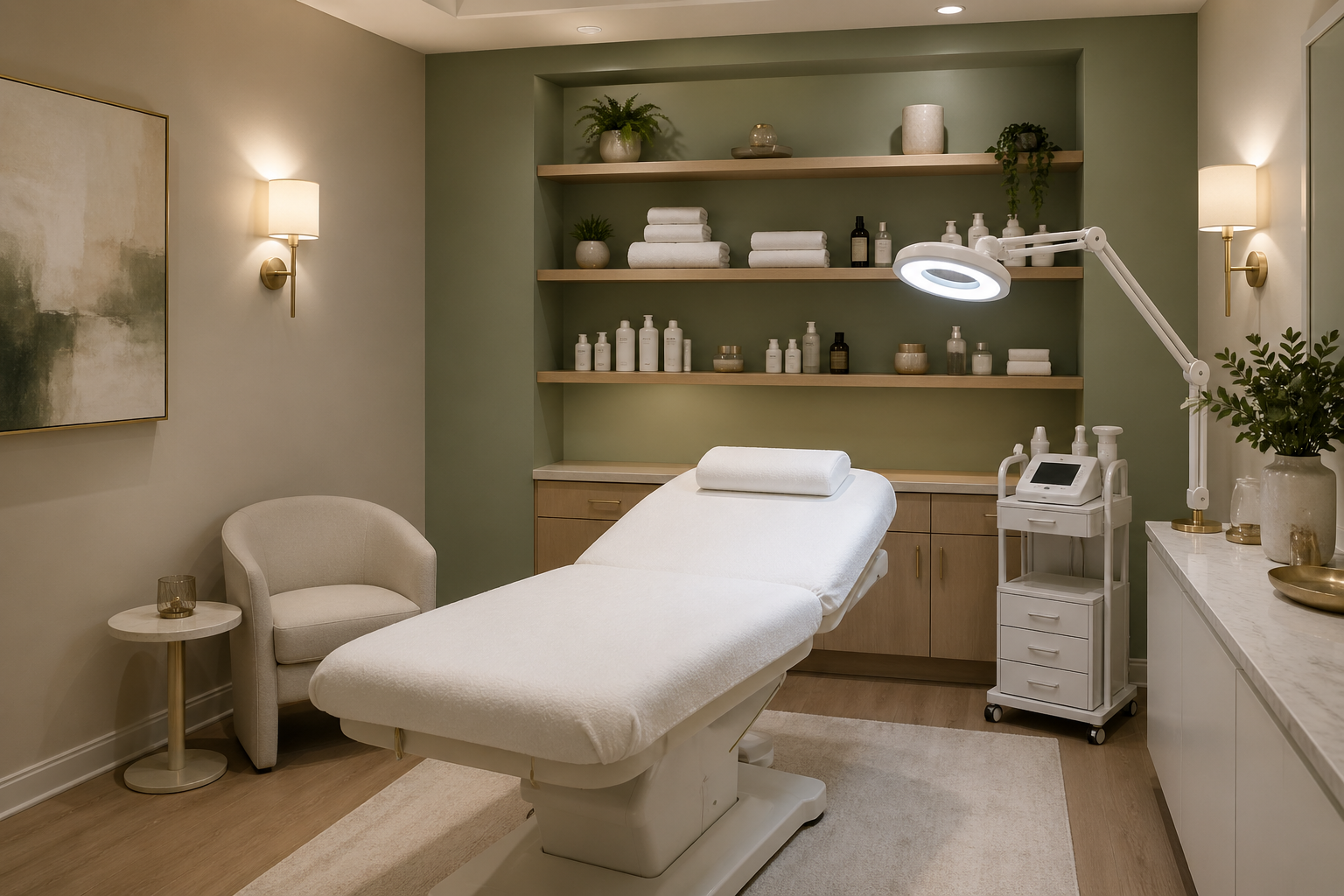 Modern Detroit-area med spa treatment room with a cushioned table, soft overhead lighting, and organized clinical shelving in the background
