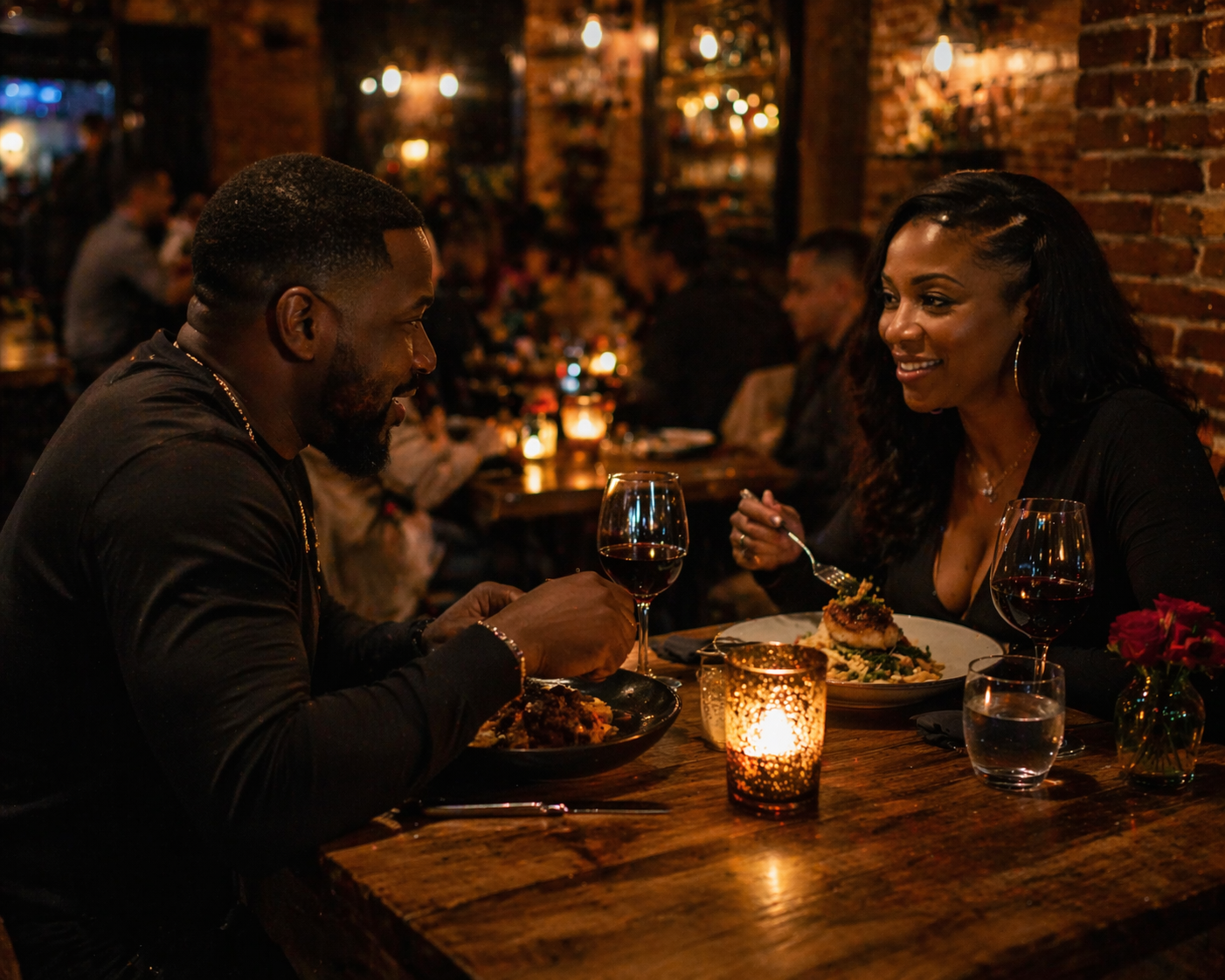 Detroit restaurant interior at evening dinner service with warm ambient lighting and full tables