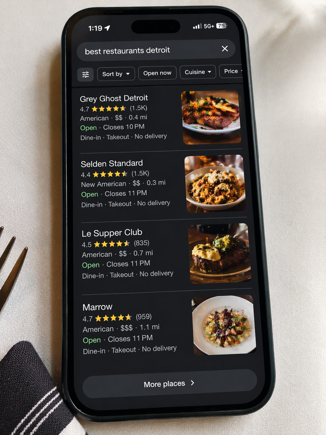 Smartphone showing Google Maps local search results with restaurant listings, star ratings, and neighborhood names