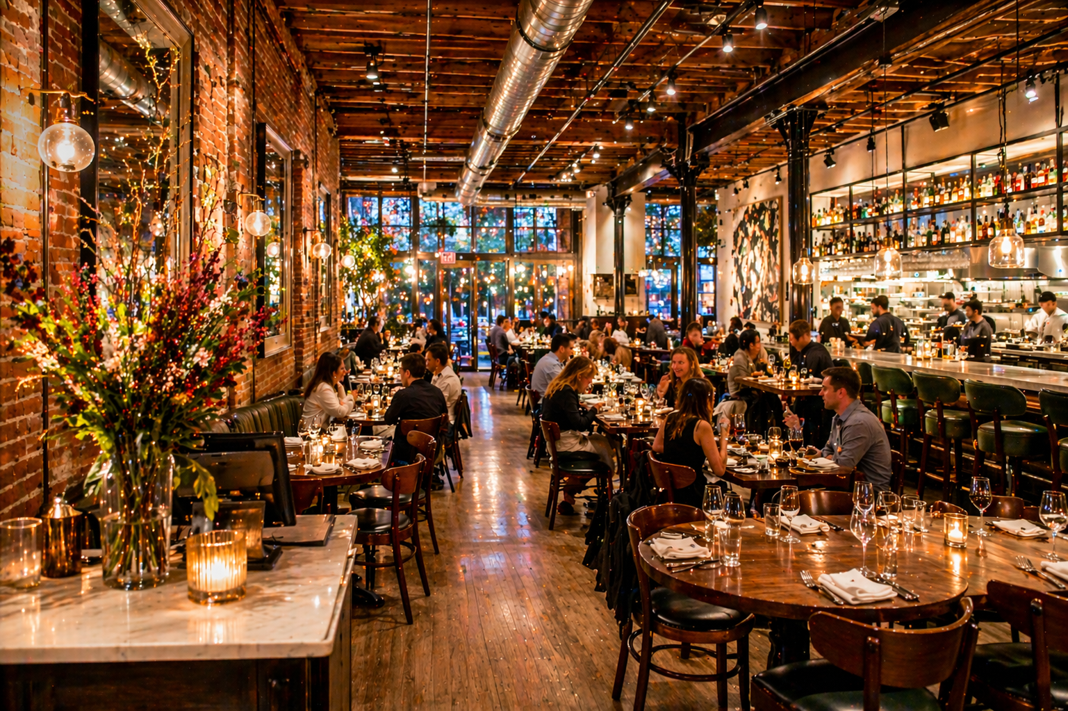 Detroit restaurant interior with warm lighting and set tables during evening service