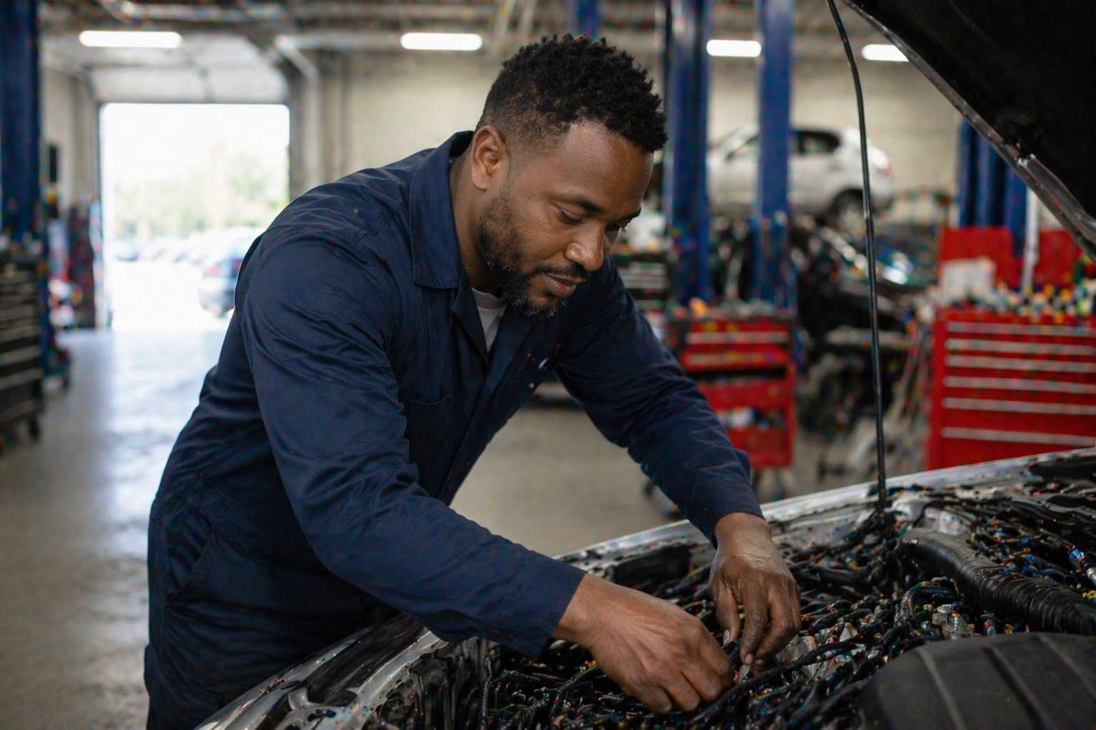 Professional mechanic working under the hood of a car inside a well-lit Detroit auto repair shop