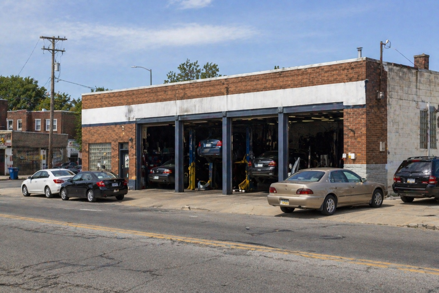 Auto repair shop customer reviewing estimate on a tablet with a mechanic at the service counter